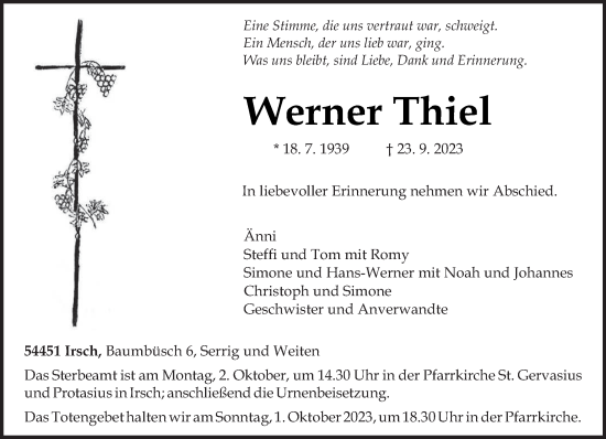 Traueranzeige von Werner Thiel von trierischer_volksfreund
