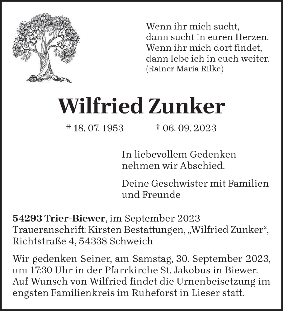  Traueranzeige für Wilfried Zunker vom 16.09.2023 aus trierischer_volksfreund