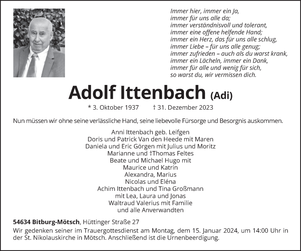  Traueranzeige für Adolf Ittenbach vom 06.01.2024 aus trierischer_volksfreund