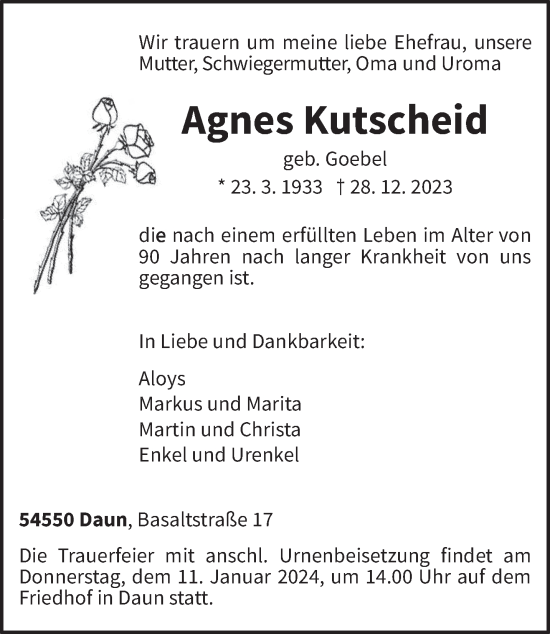 Traueranzeige von Agnes Kutscheid von trierischer_volksfreund
