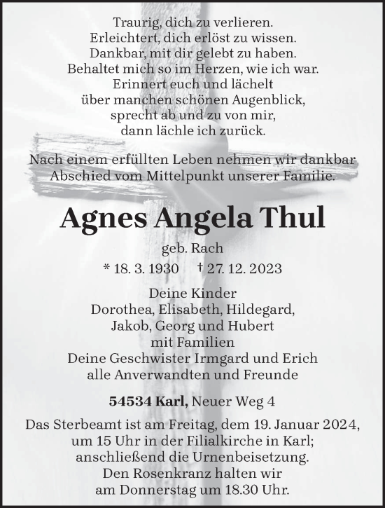 Traueranzeige von Agnes Angela Thul von trierischer_volksfreund