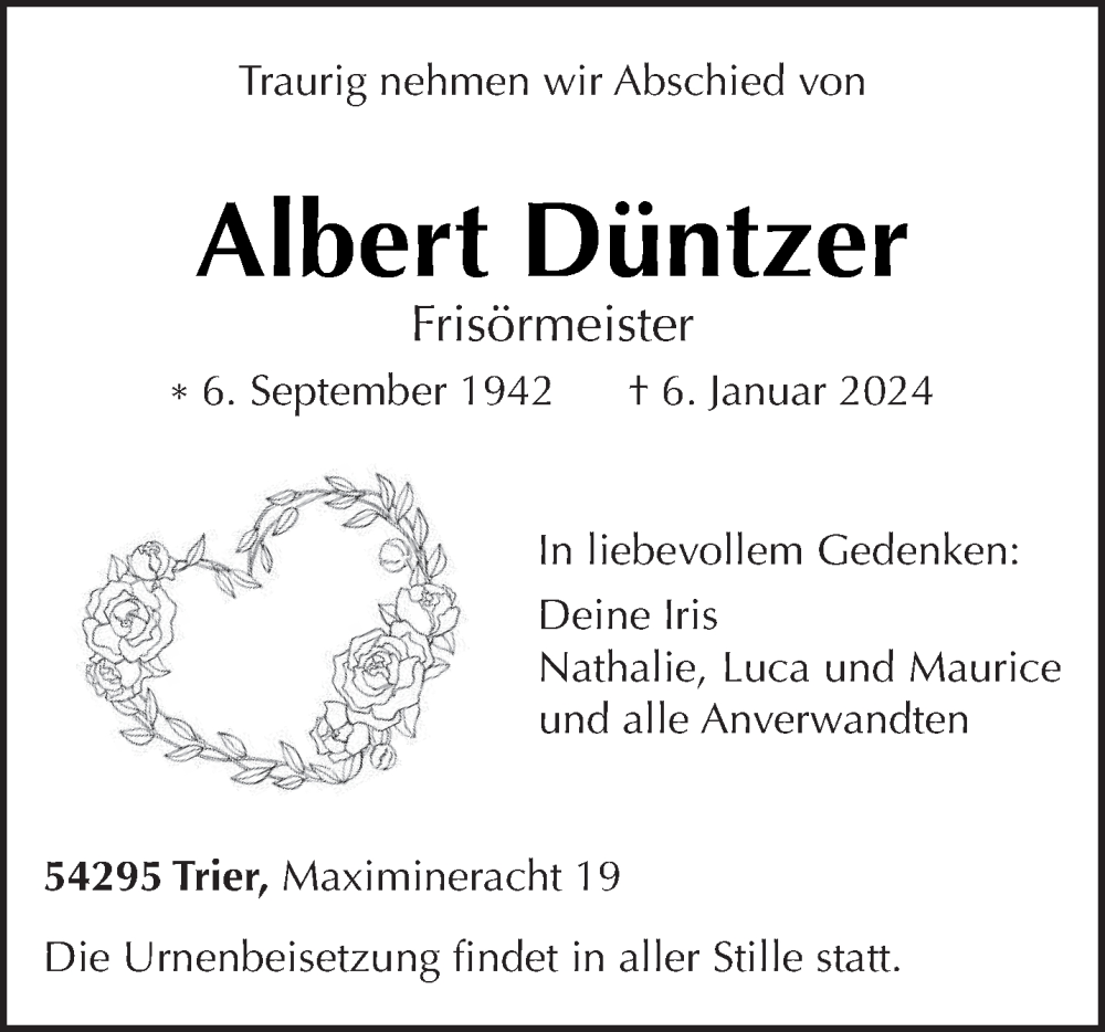  Traueranzeige für Albert Düntzer vom 13.01.2024 aus trierischer_volksfreund