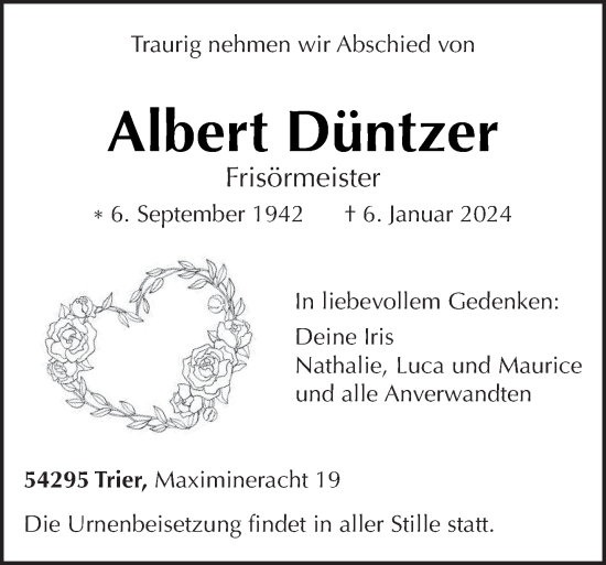 Traueranzeige von Albert Düntzer von trierischer_volksfreund