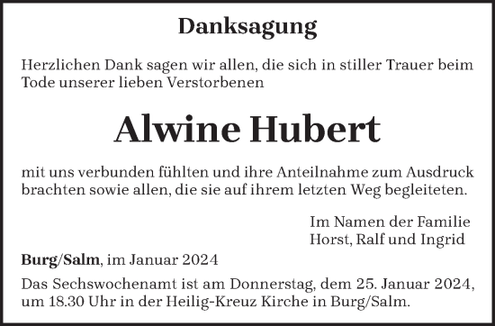 Traueranzeige von Alwine Hubert von trierischer_volksfreund