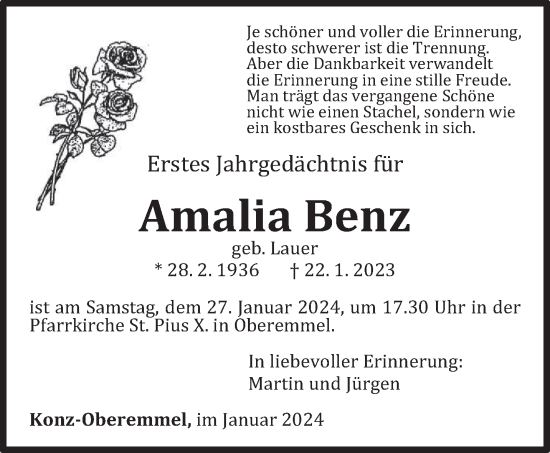 Traueranzeige von Amalia Benz von trierischer_volksfreund