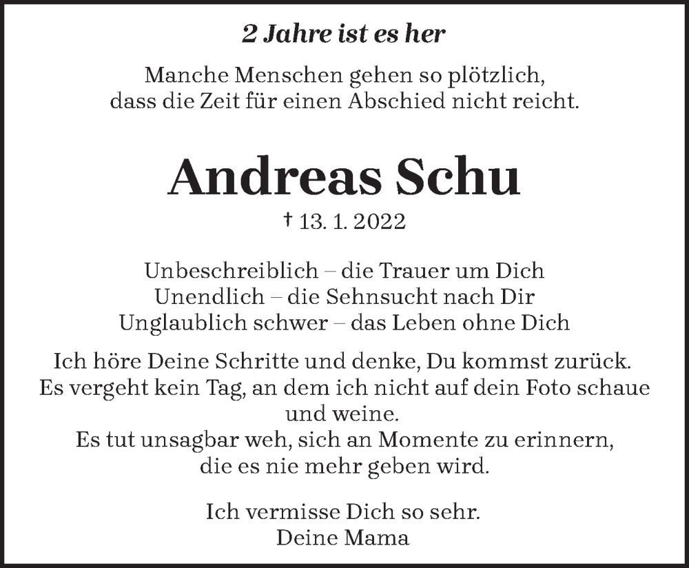  Traueranzeige für Andreas Schu vom 13.01.2024 aus trierischer_volksfreund