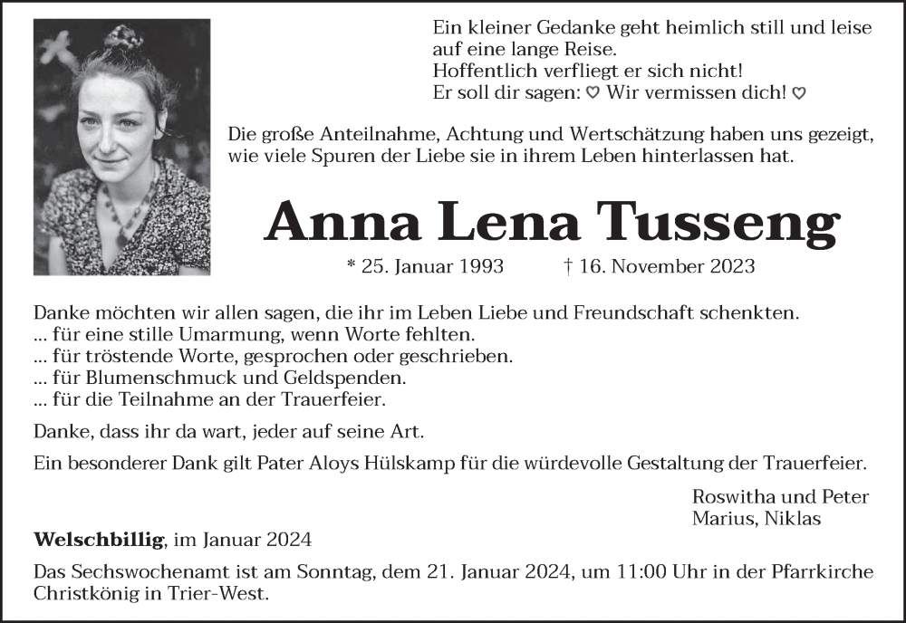 Traueranzeige für Anna Lena Tusseng vom 13.01.2024 aus trierischer_volksfreund