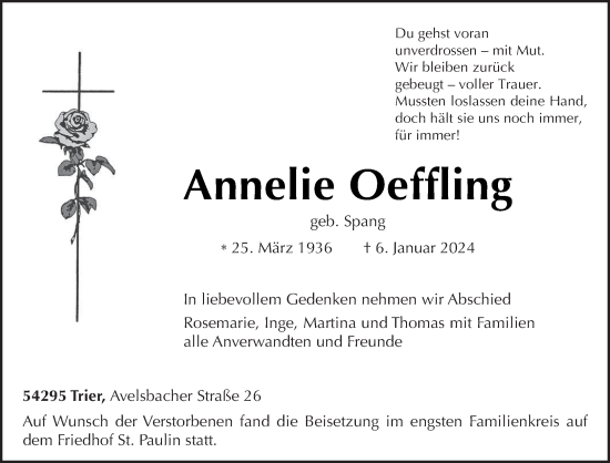 Traueranzeige von Annelie Oeffling von trierischer_volksfreund