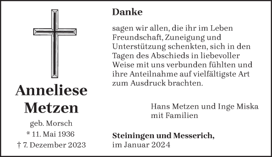 Traueranzeige von Anneliese Metzen von trierischer_volksfreund