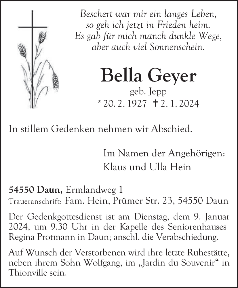  Traueranzeige für Bella Geyer vom 06.01.2024 aus trierischer_volksfreund