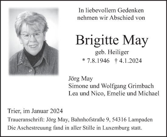 Traueranzeige von Brigitte May von trierischer_volksfreund