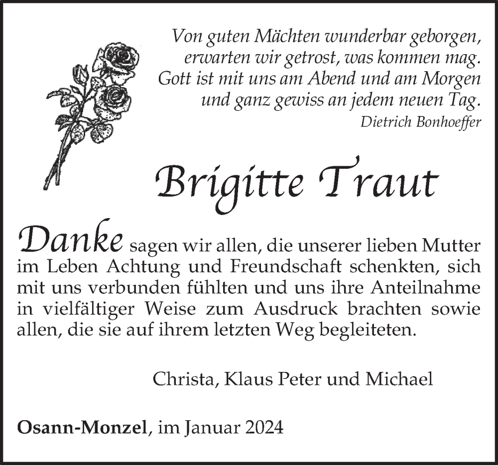 Traueranzeigen Von Brigitte Traut | Volksfreund.Trauer.de