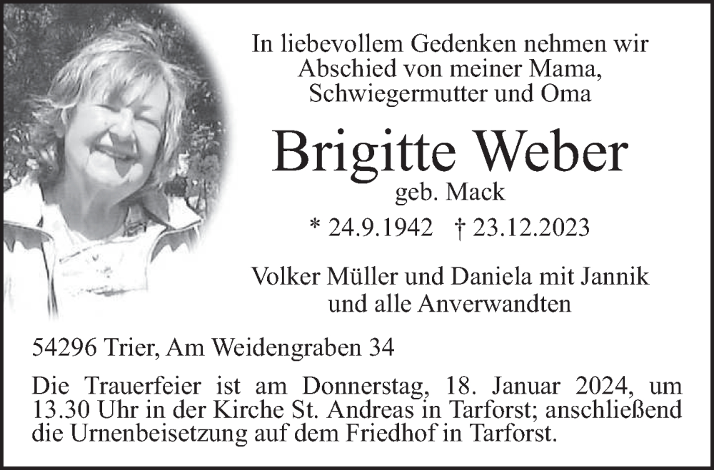  Traueranzeige für Brigitte Weber vom 13.01.2024 aus trierischer_volksfreund