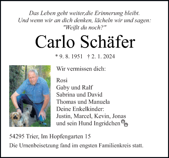 Traueranzeige von Carlo Schäfer von trierischer_volksfreund