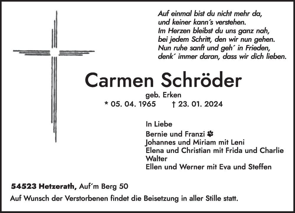  Traueranzeige für Carmen Schröder vom 27.01.2024 aus trierischer_volksfreund