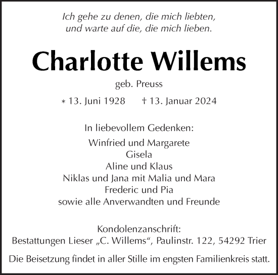 Traueranzeige von Charlotte Willems von trierischer_volksfreund