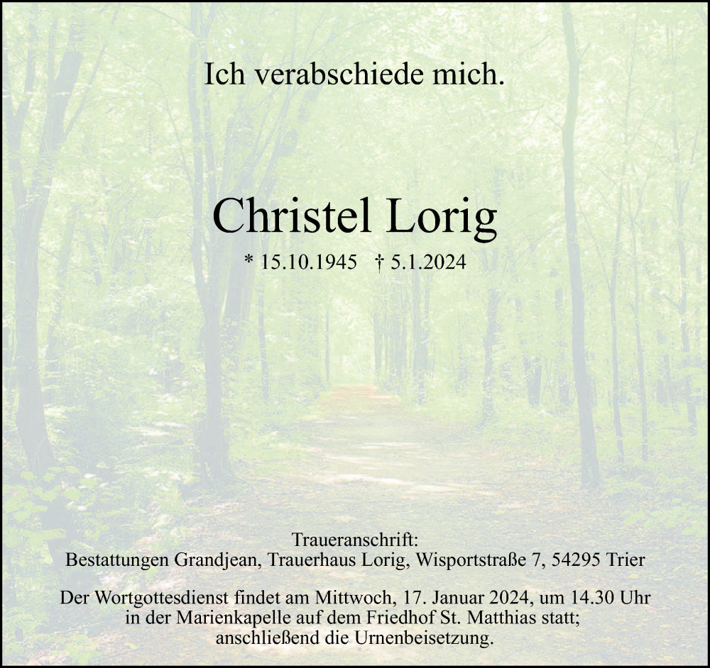  Traueranzeige für Christel Lorig vom 13.01.2024 aus trierischer_volksfreund