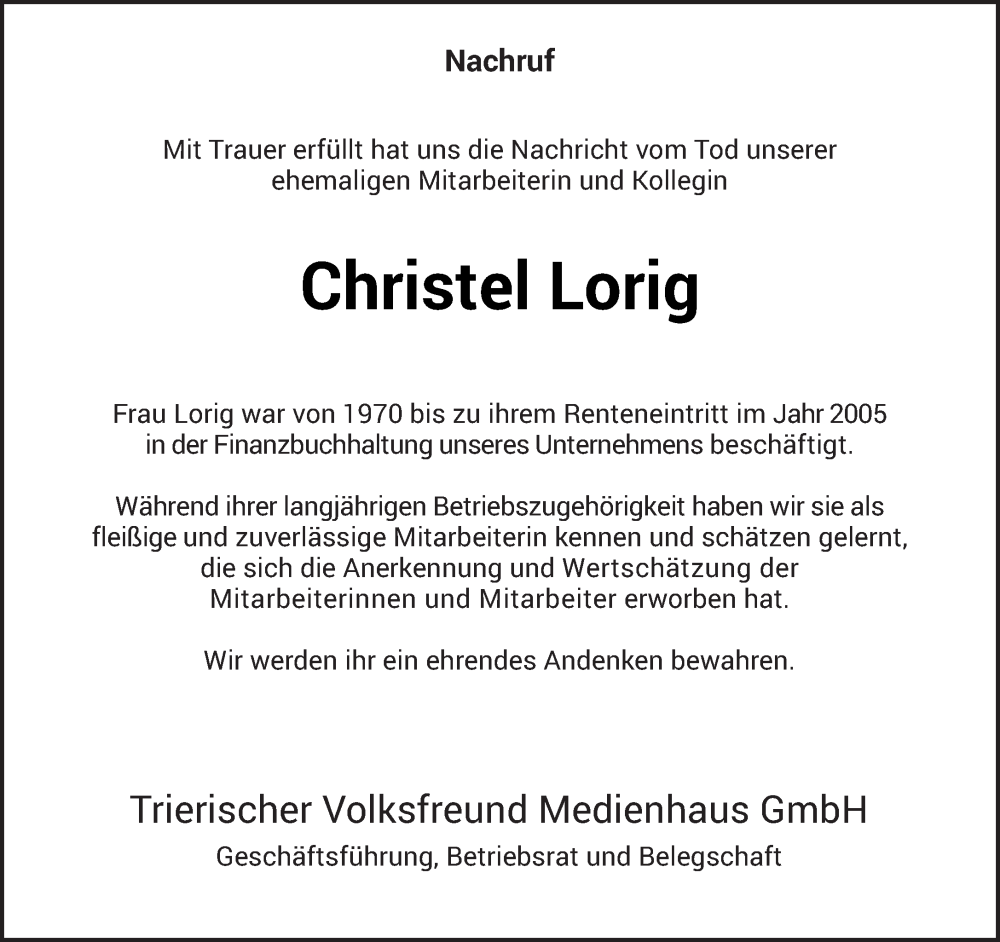  Traueranzeige für Christel Lorig vom 13.01.2024 aus trierischer_volksfreund