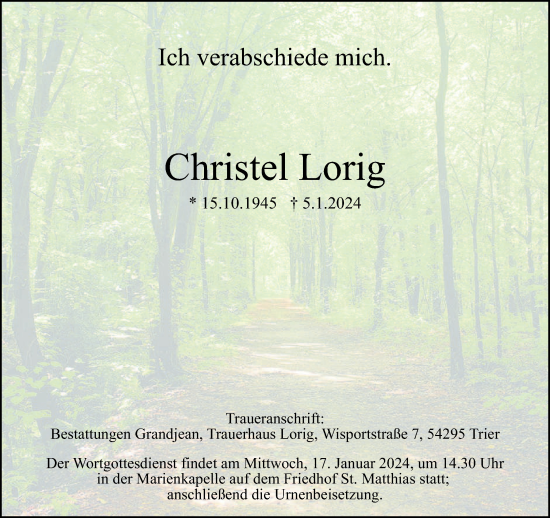 Traueranzeige von Christel Lorig von trierischer_volksfreund