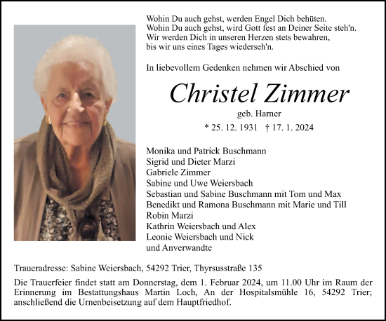 Traueranzeige von Christel Zimmer von trierischer_volksfreund