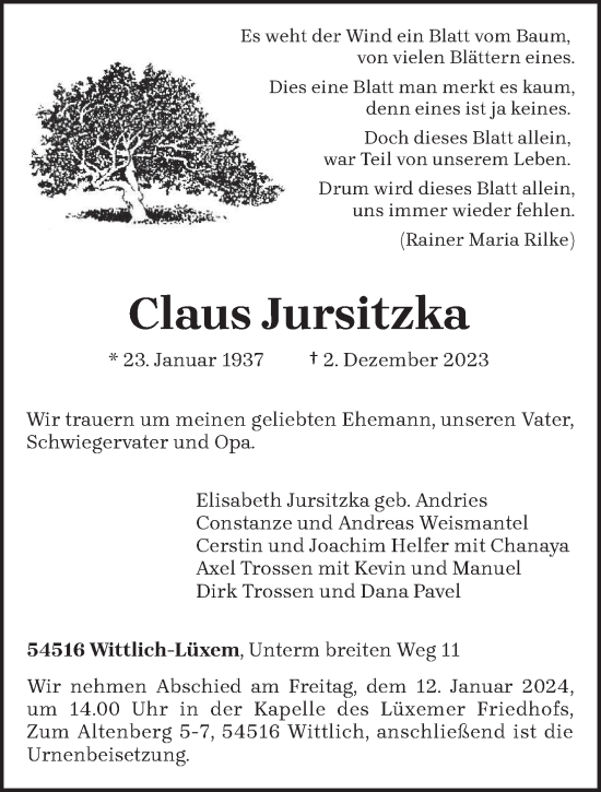 Traueranzeige von Claus Jursitzka von trierischer_volksfreund