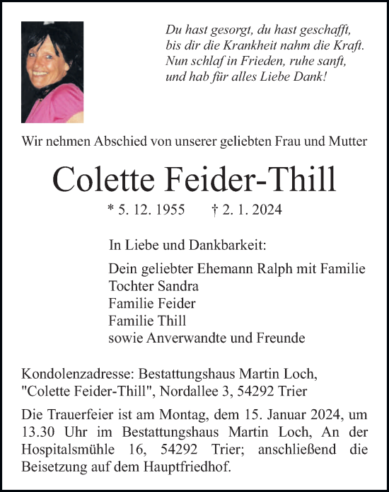 Traueranzeige von Colette Feider-Thill von trierischer_volksfreund