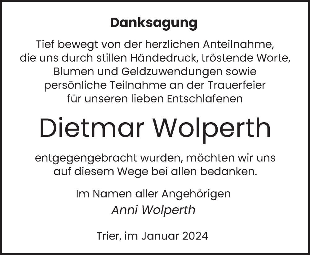  Traueranzeige für Dietmar Wolperth vom 06.01.2024 aus trierischer_volksfreund
