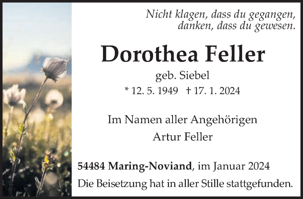  Traueranzeige für Dorothea Feller vom 30.01.2024 aus trierischer_volksfreund
