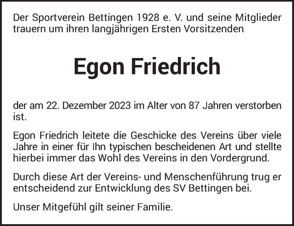  Traueranzeige für Egon Friedrich vom 06.01.2024 aus trierischer_volksfreund