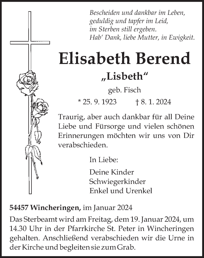 Traueranzeigen Von Elisabeth Berend | Volksfreund.Trauer.de