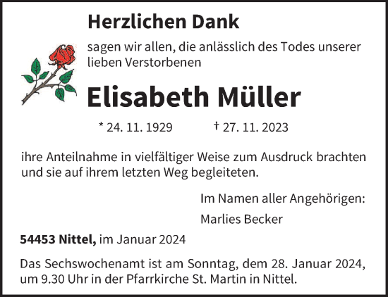 Traueranzeige von Elisabeth Müller von trierischer_volksfreund
