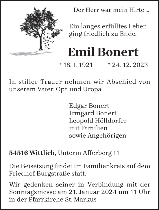 Traueranzeige von Emil Bonert von trierischer_volksfreund