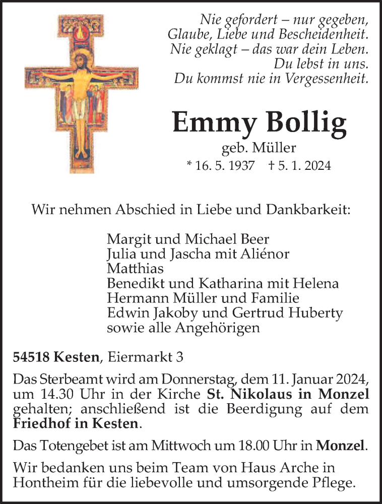  Traueranzeige für Emmy Bollig vom 09.01.2024 aus trierischer_volksfreund