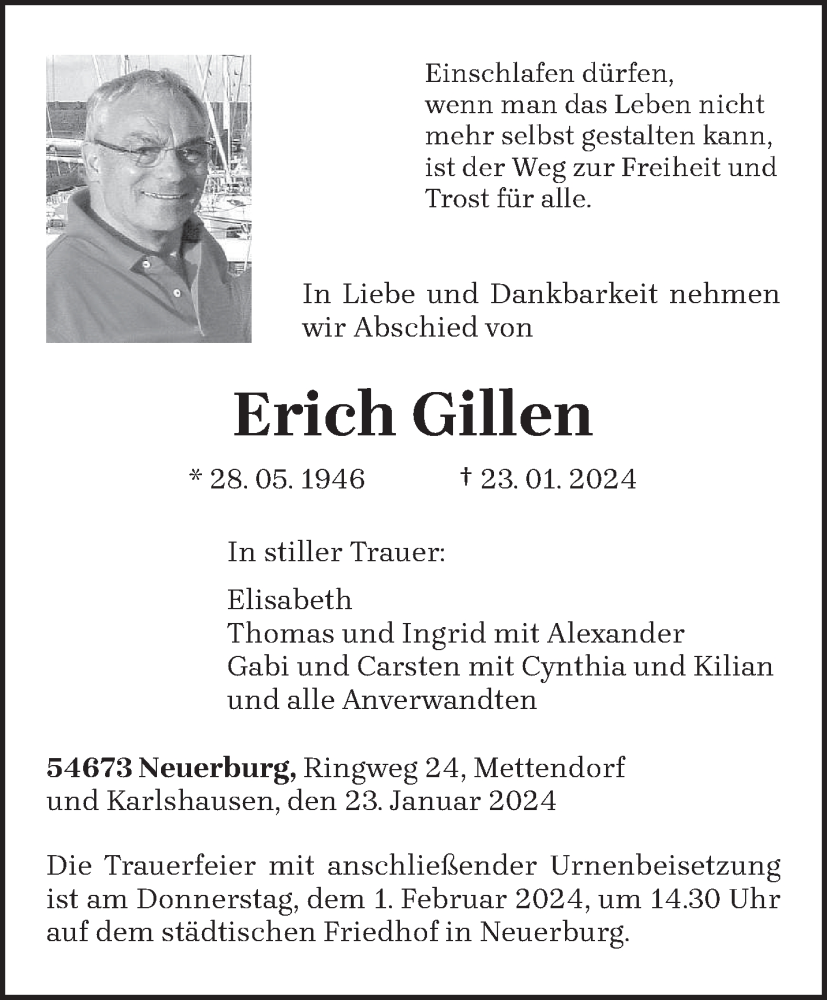  Traueranzeige für Erich Gillen vom 27.01.2024 aus trierischer_volksfreund