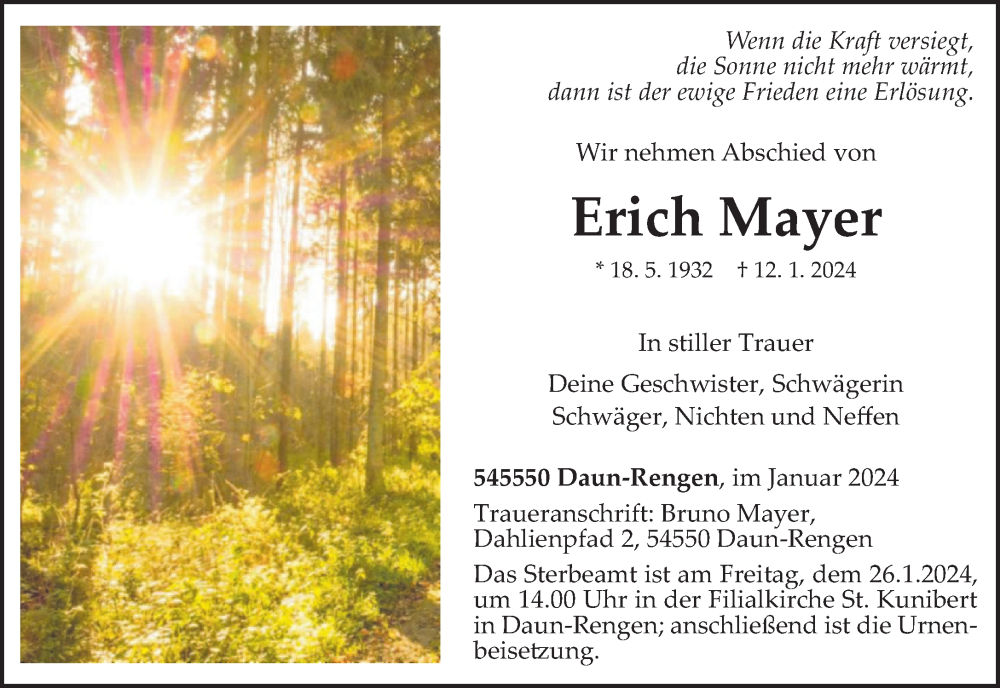  Traueranzeige für Erich Mayer vom 20.01.2024 aus trierischer_volksfreund