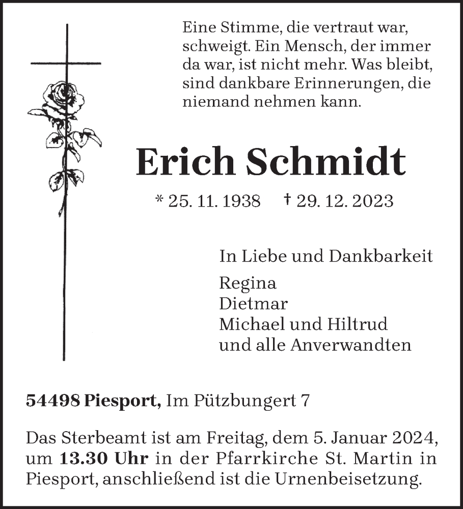  Traueranzeige für Erich Schmidt vom 03.01.2024 aus trierischer_volksfreund
