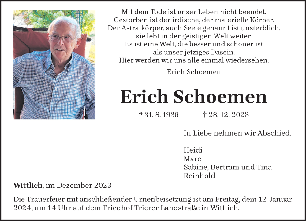  Traueranzeige für Erich Schoemen vom 06.01.2024 aus trierischer_volksfreund