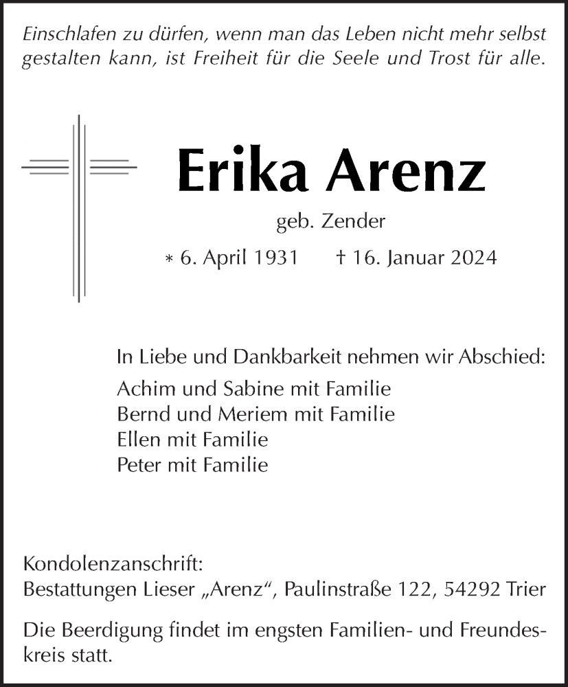  Traueranzeige für Erika Arenz vom 27.01.2024 aus trierischer_volksfreund