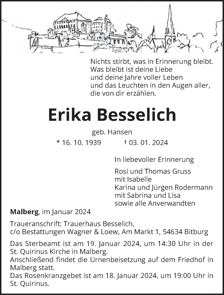  Traueranzeige für Erika Besselich vom 13.01.2024 aus trierischer_volksfreund