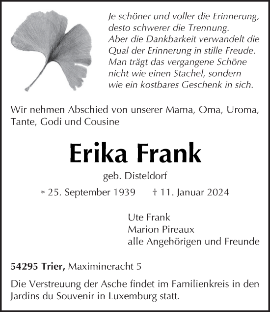 Traueranzeige von Erika Frank von trierischer_volksfreund