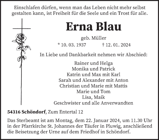 Traueranzeige von Erna Blau von trierischer_volksfreund