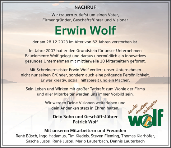 Traueranzeige von Erwin Wolf von trierischer_volksfreund