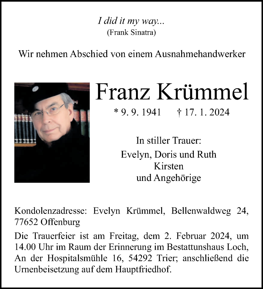  Traueranzeige für Franz Krümmel vom 27.01.2024 aus trierischer_volksfreund