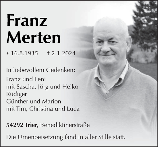 Traueranzeige von Franz Merten von trierischer_volksfreund