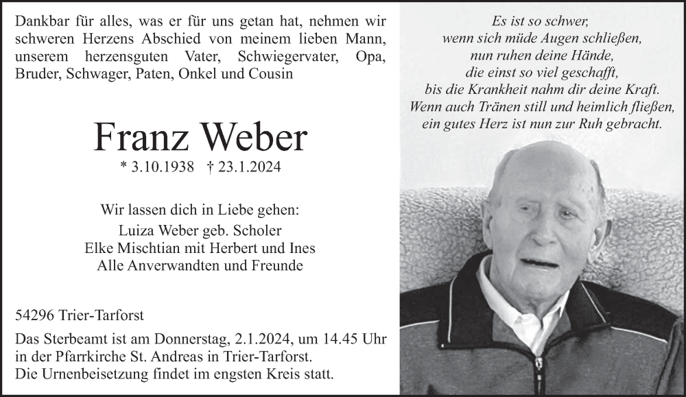  Traueranzeige für Franz Weber vom 27.01.2024 aus trierischer_volksfreund