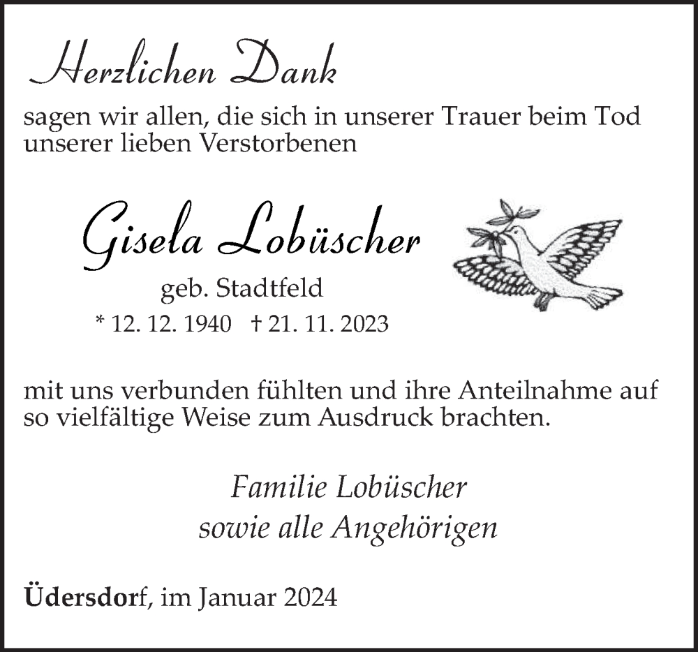  Traueranzeige für Gisela Lobüscher vom 13.01.2024 aus trierischer_volksfreund
