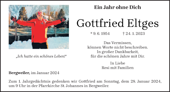 Traueranzeige von Gottfried Eltges von trierischer_volksfreund