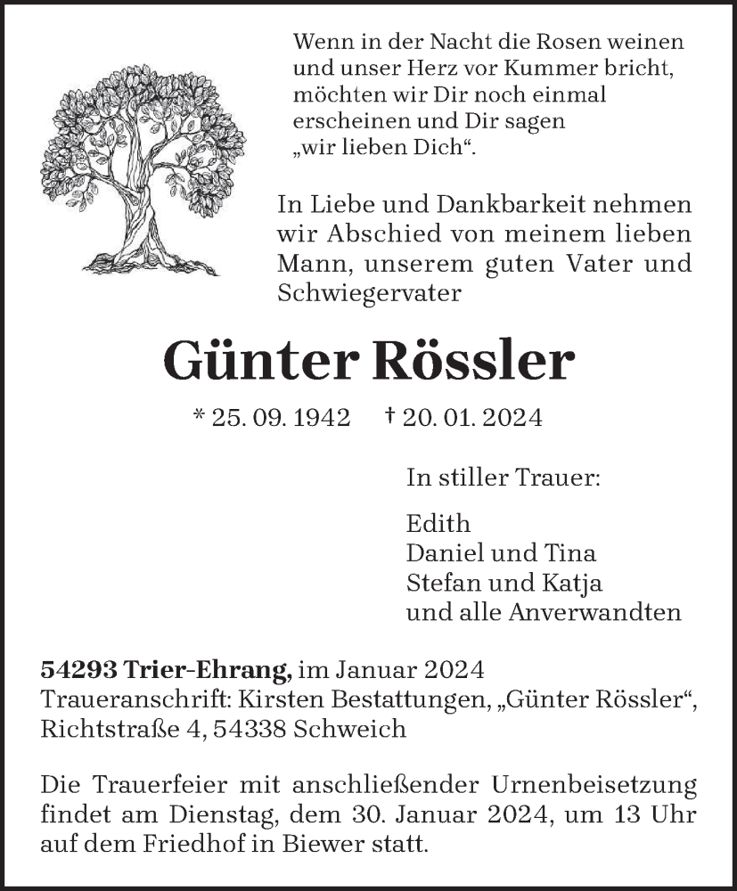  Traueranzeige für Günter Rössler vom 27.01.2024 aus trierischer_volksfreund