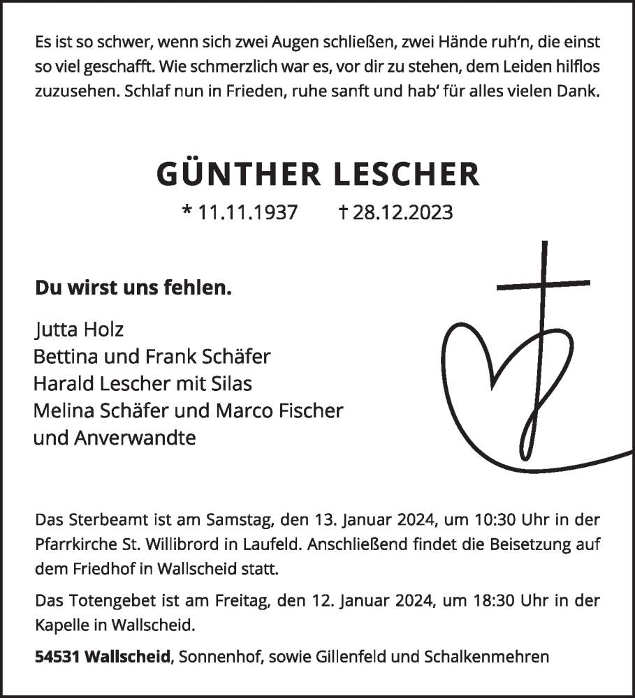  Traueranzeige für Günther Lescher vom 06.01.2024 aus trierischer_volksfreund