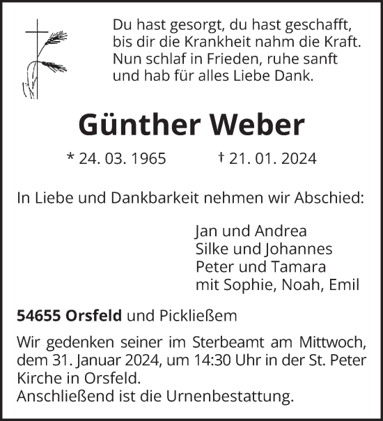 Traueranzeige von Günther Weber von trierischer_volksfreund